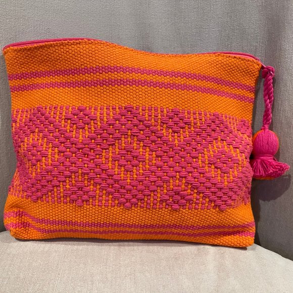 2-PACK SET HANDWOVEN PINK & ORANGE MAKE UP ACCESSORY BAGS 100% COTTON EXTERIOR - Picture 5 of 10